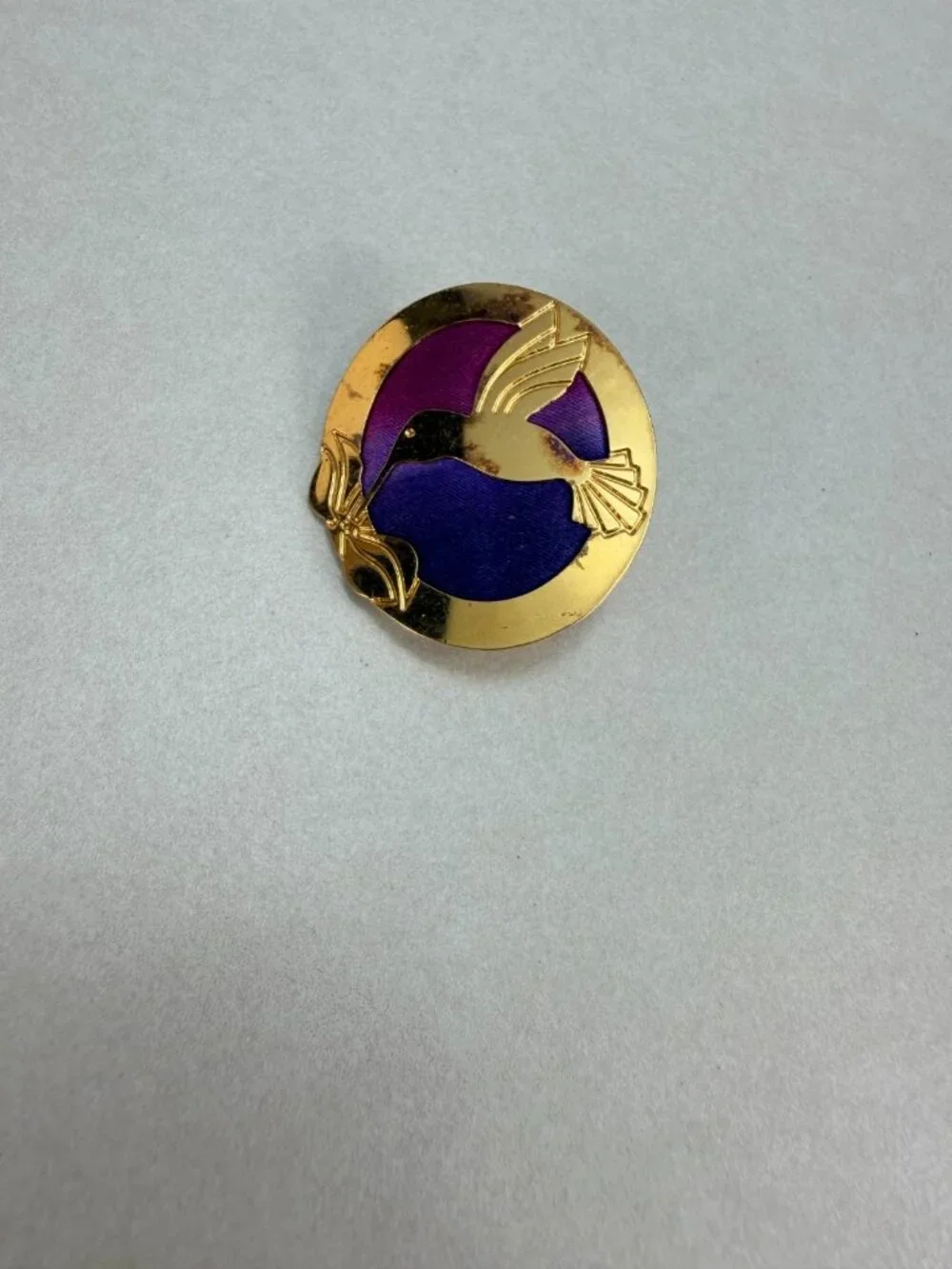 Vintage Mid Century Hummingbird Brooch Gold Tone Purple Pink Enamel Modernist